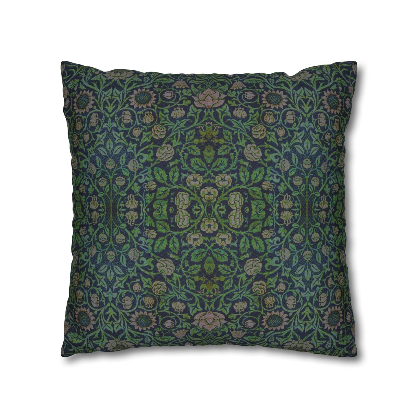 Decorative pillow with intricate green and blue pattern on a white background