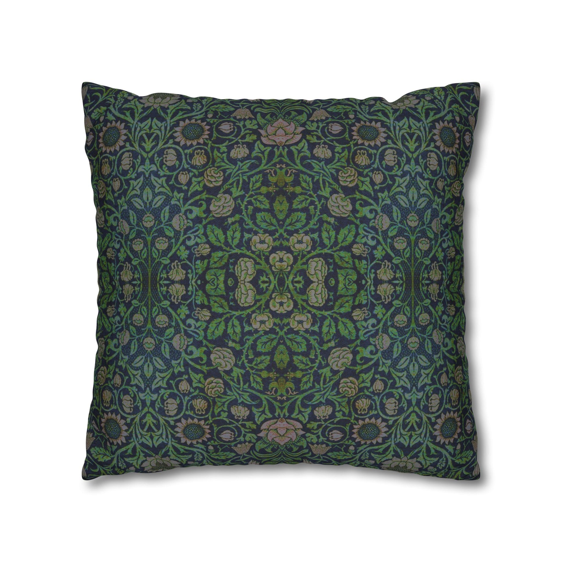 Decorative pillow with intricate green and blue pattern on a white background