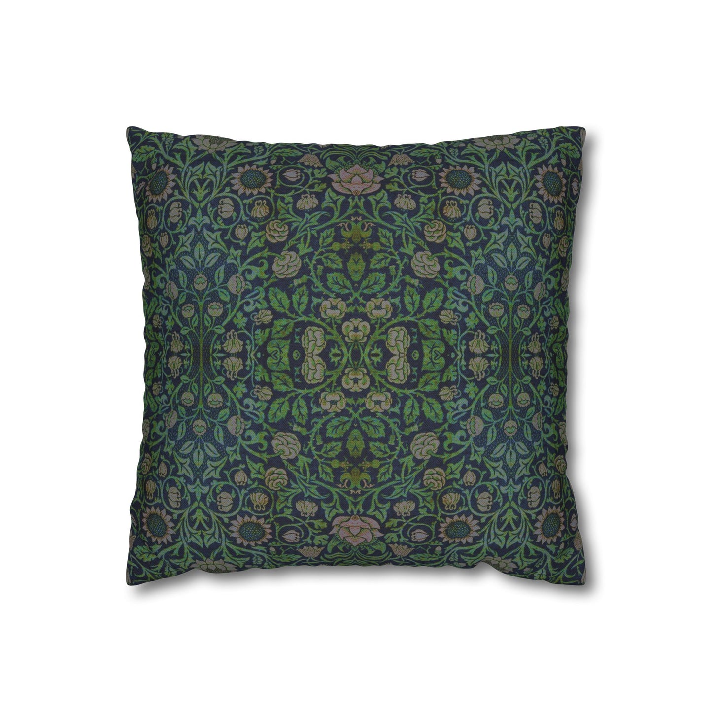 Black pillow with white and purple geometric design on a white background