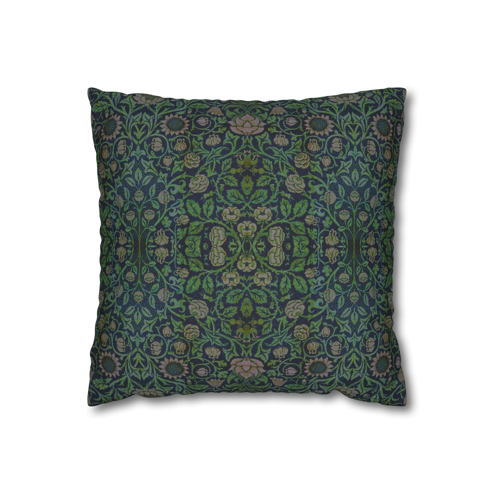 Black pillow with white and purple geometric design on a white background