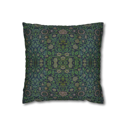 Black pillow with white and purple geometric design on a white background