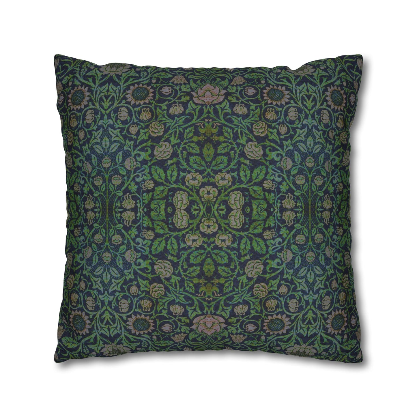 Decorative pillow with intricate green and blue pattern on a white background
