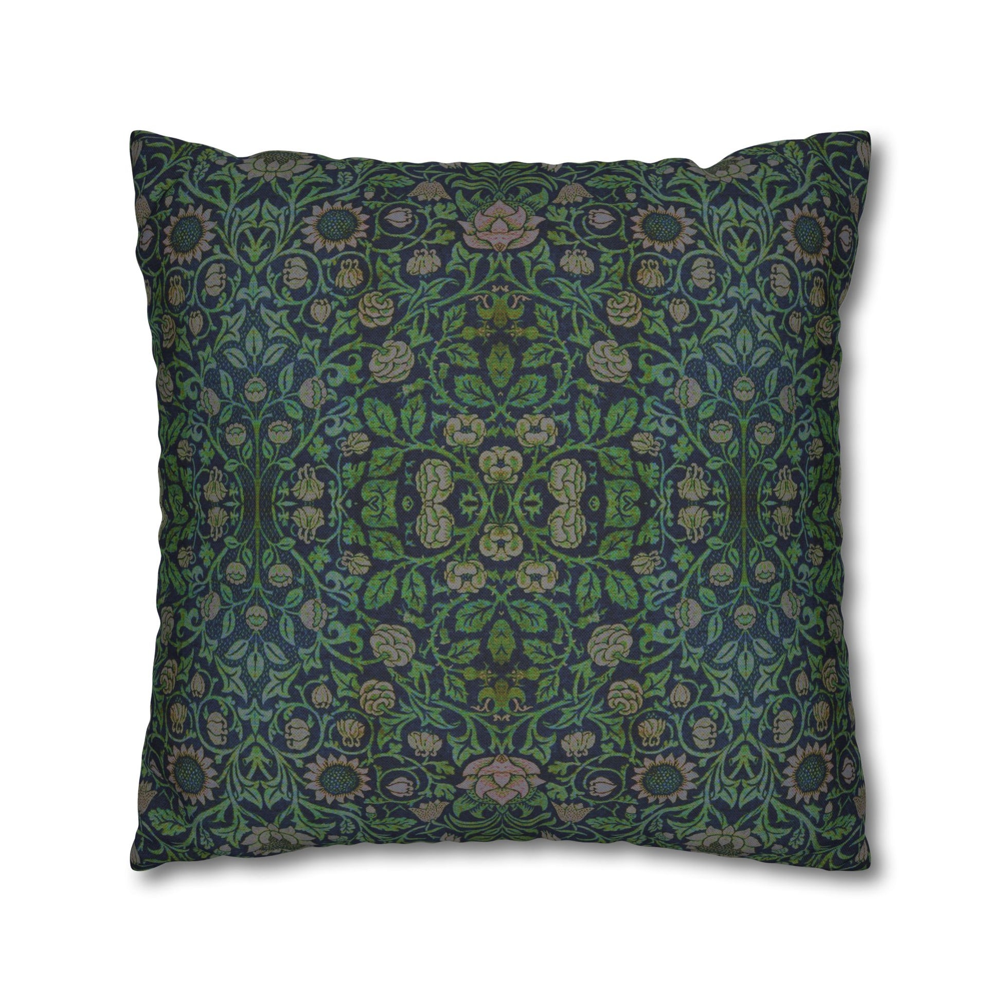 Decorative pillow with intricate green and blue pattern on a white background