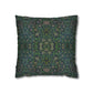 Black pillow with white circular pattern on a white background