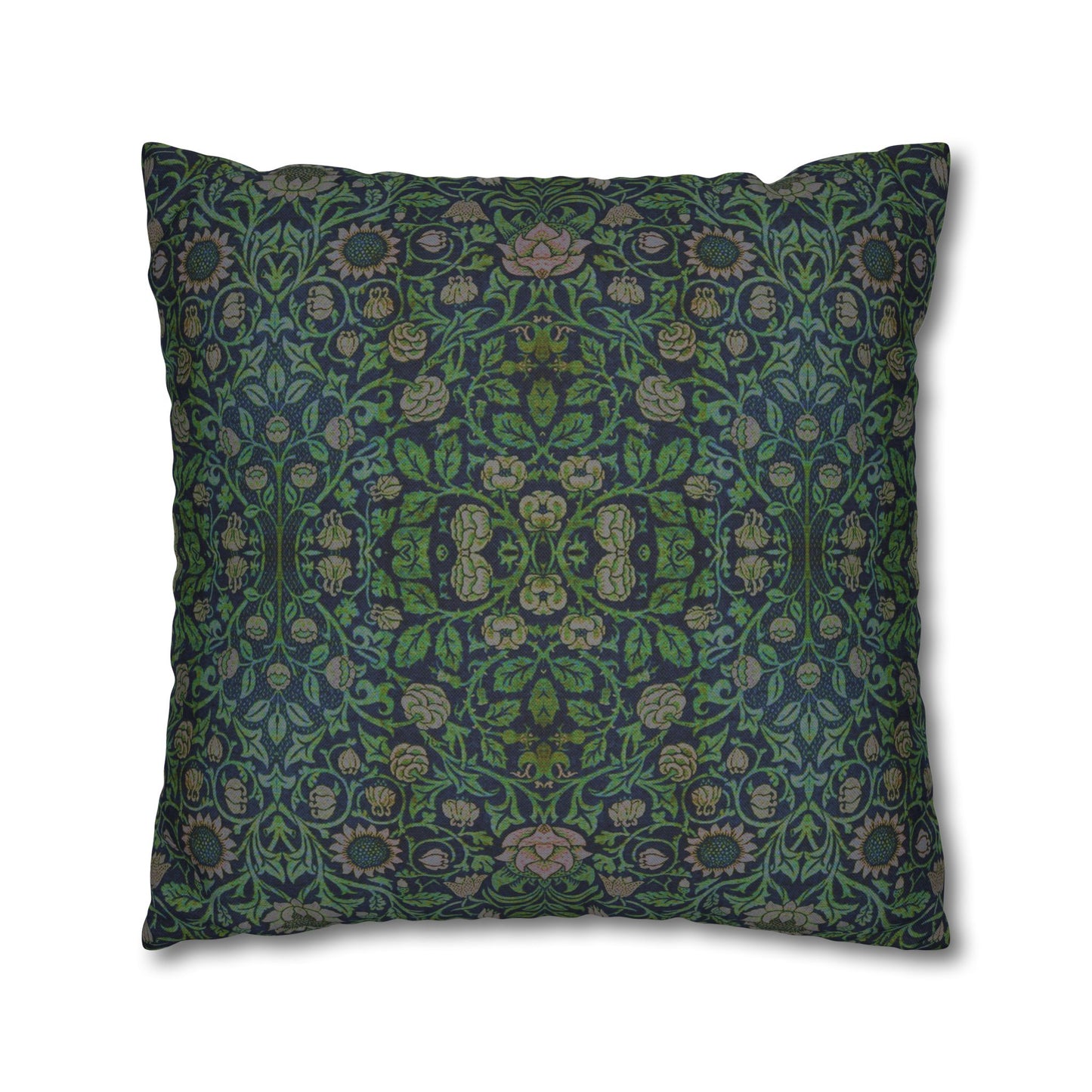 Decorative pillow with intricate green and blue pattern on a white background