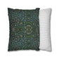 Two pillows, one with a green pattern and the other with a white stripe, on a white background.