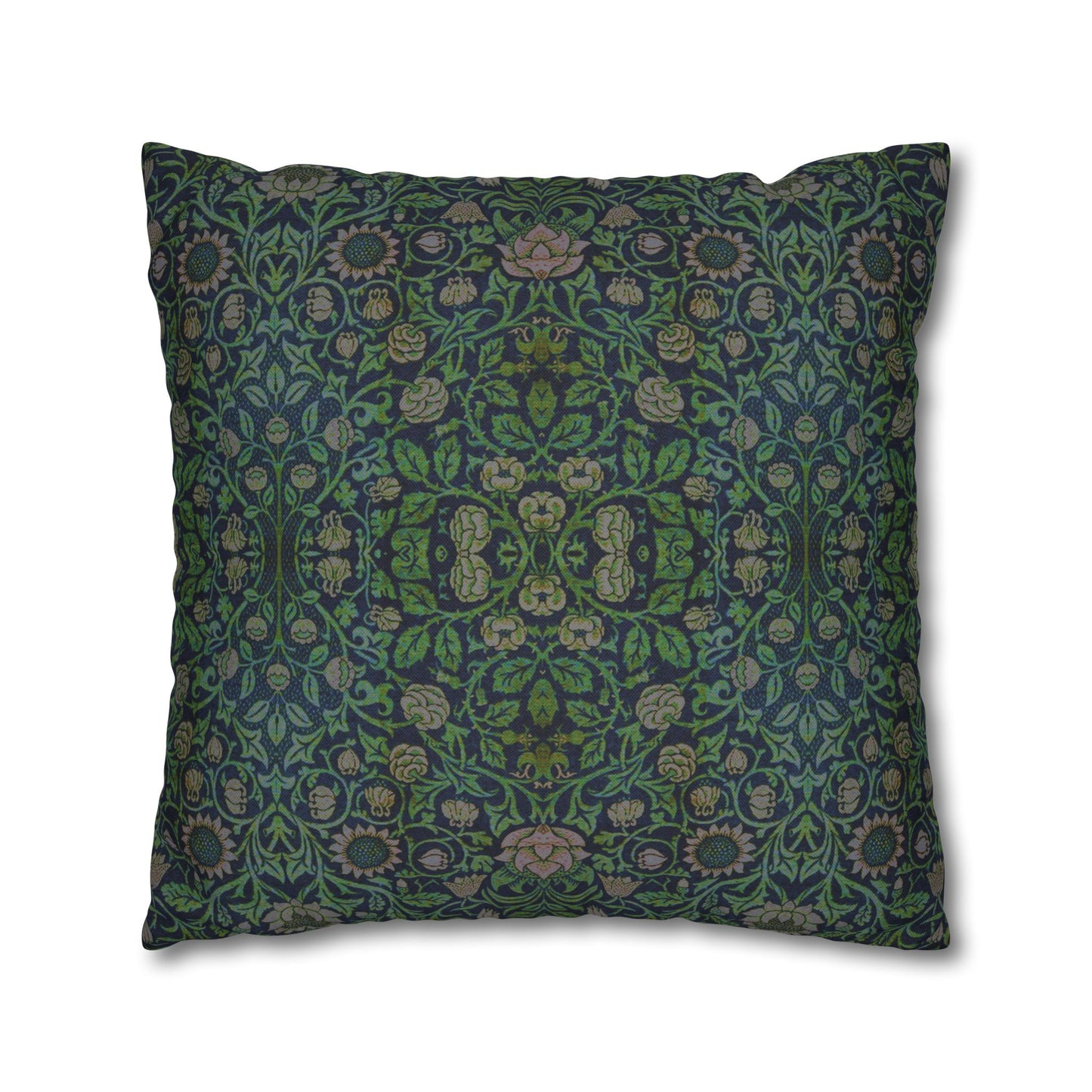 Decorative pillow with intricate green and blue pattern on a white background