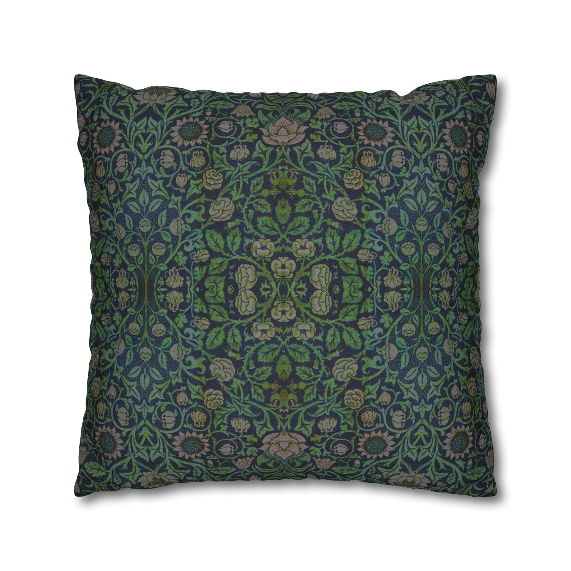 Decorative pillow with intricate green and blue pattern on a white background
