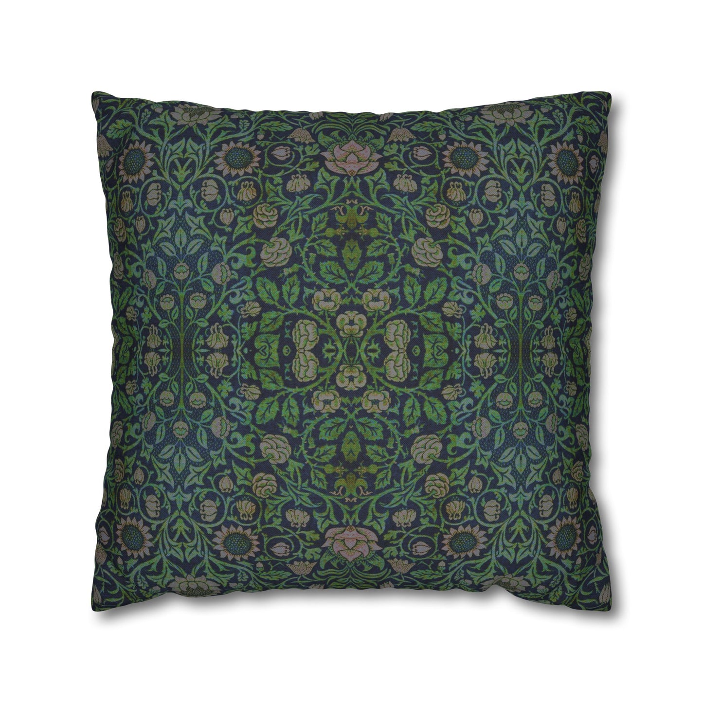 Decorative pillow with intricate green and blue pattern on a white background