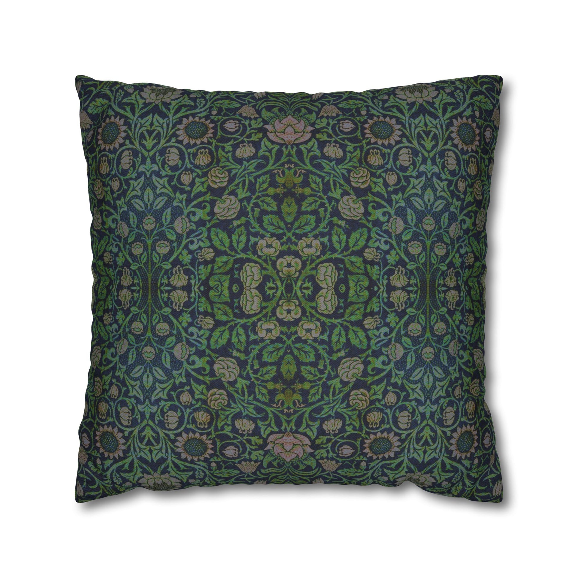 Decorative pillow with intricate green and blue pattern on a white background