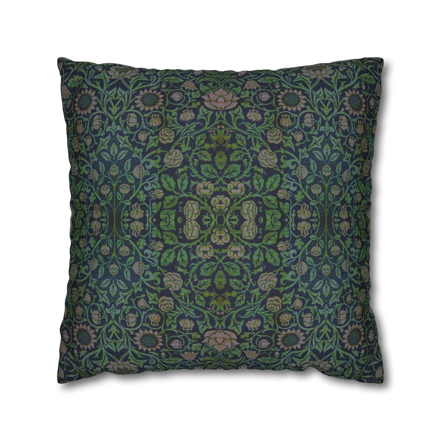 Decorative pillow with intricate green and blue pattern on a white background