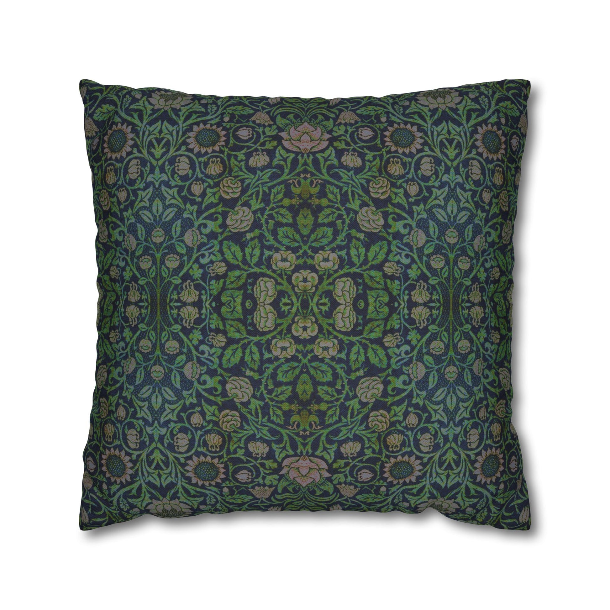 Decorative pillow with intricate green and blue pattern on a white background