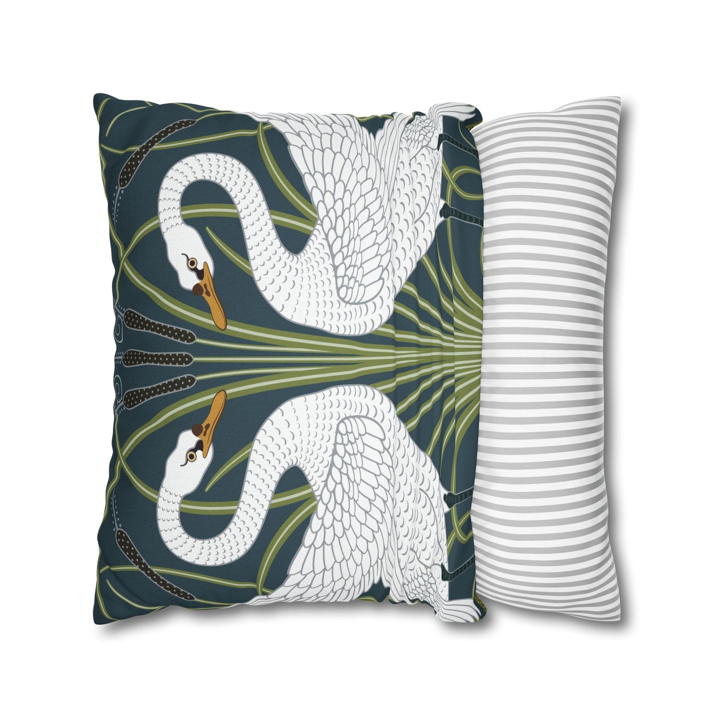 Decorative pillow with swan design and striped pillow on a white background