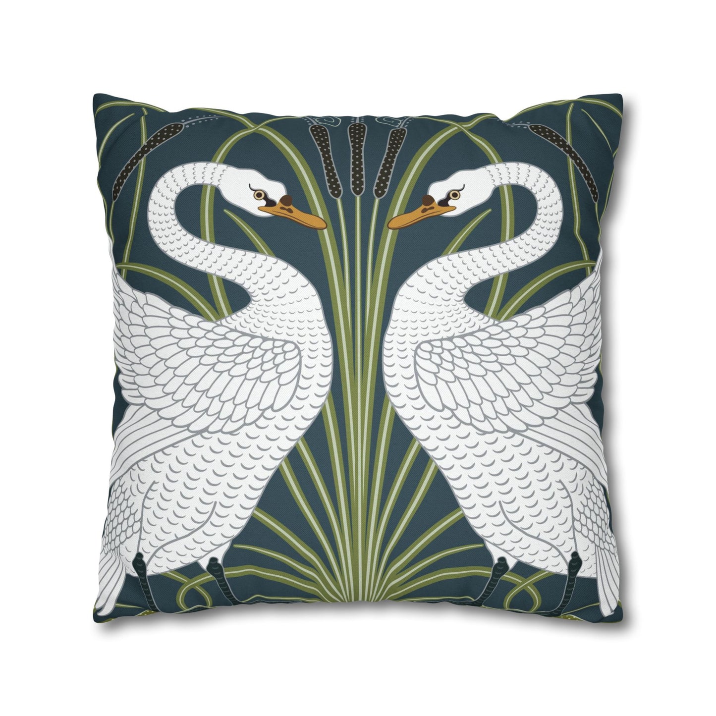 Decorative pillow with swan design on a dark blue background