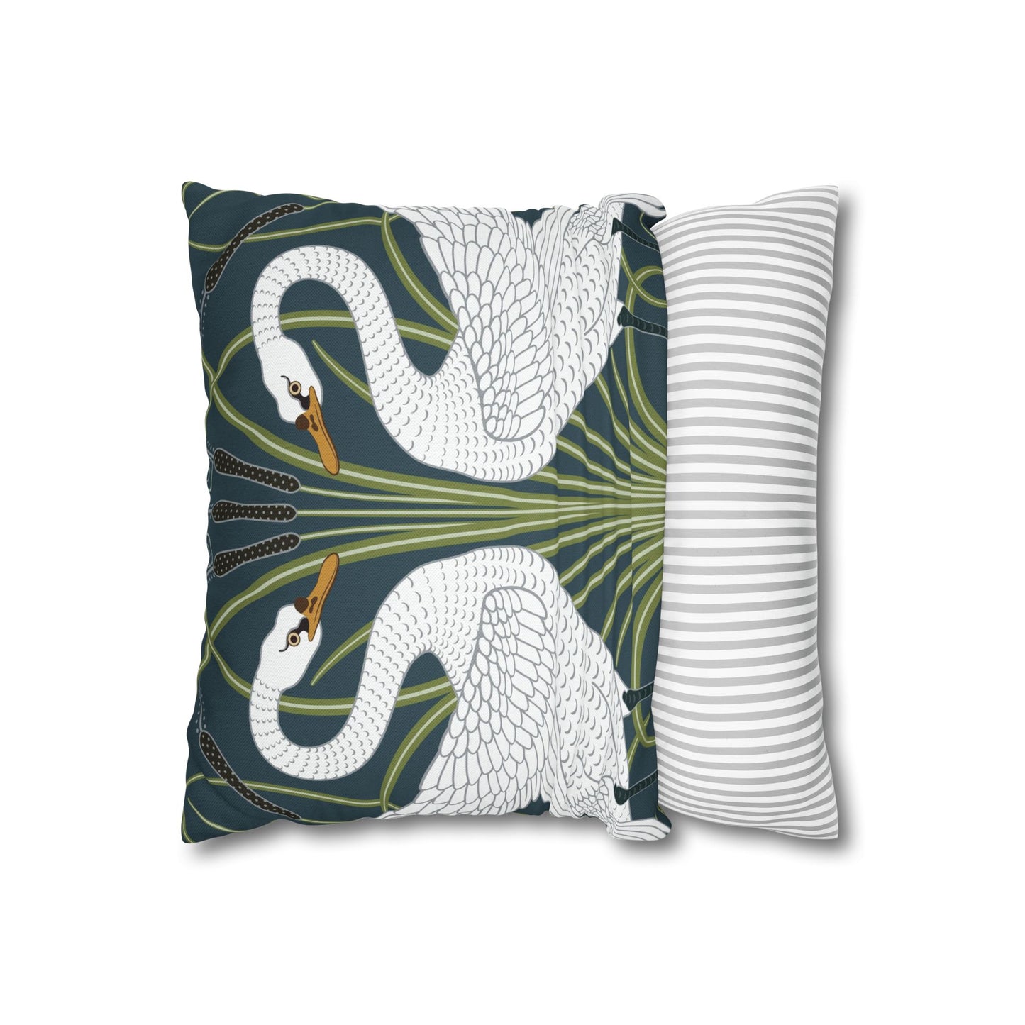 Decorative pillow with swan design on a white background