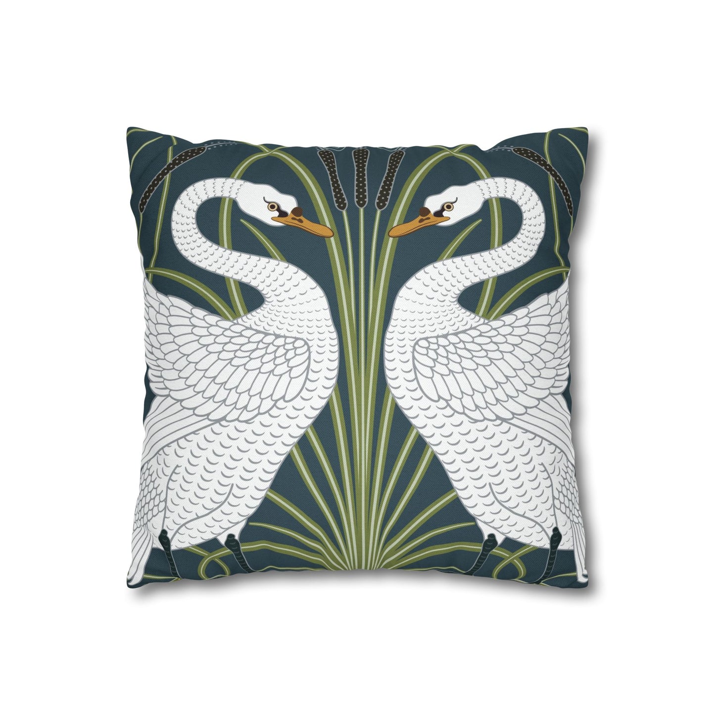 Decorative pillow with swan design on a dark blue background