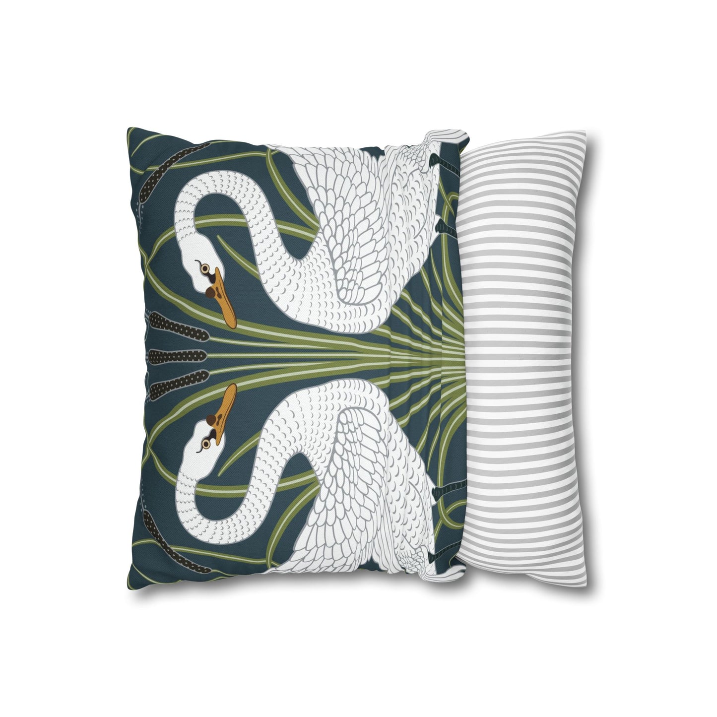 Decorative pillow with swan design on one side and striped pattern on the other, on a white background.