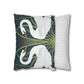 Decorative pillow with swan design on one side and striped pattern on the other, against a white background.