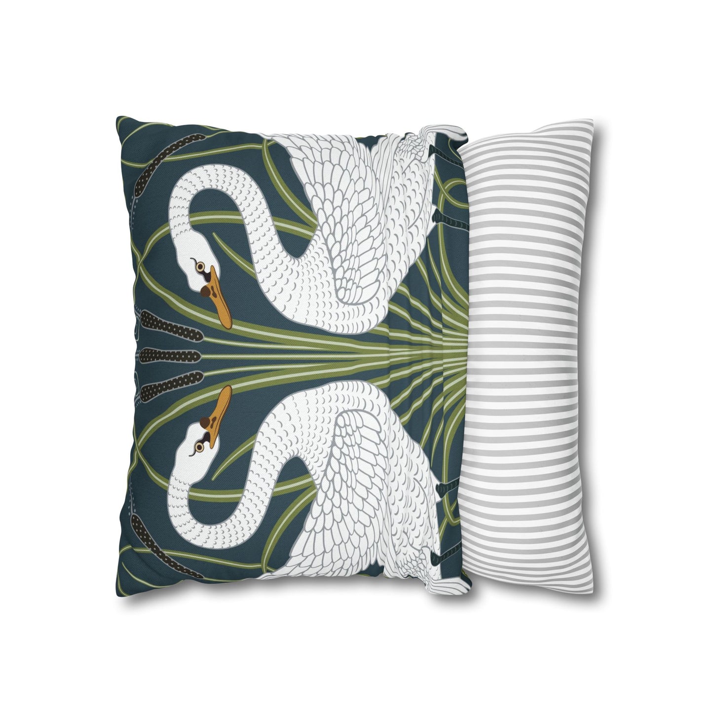 Decorative pillow with swan design on one side and striped pattern on the other, against a white background.
