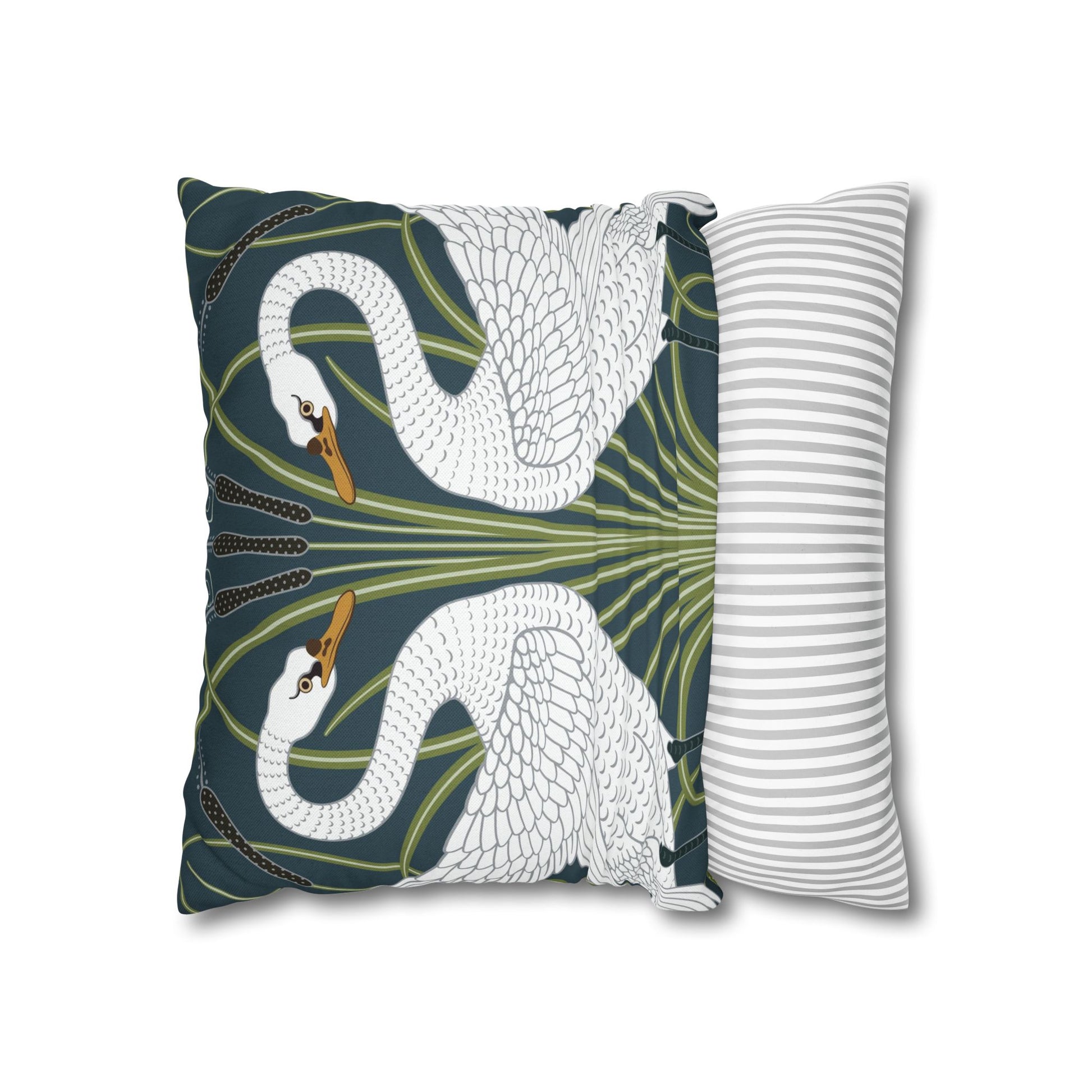 Decorative pillow with swan design on one side and striped pattern on the other, against a white background.