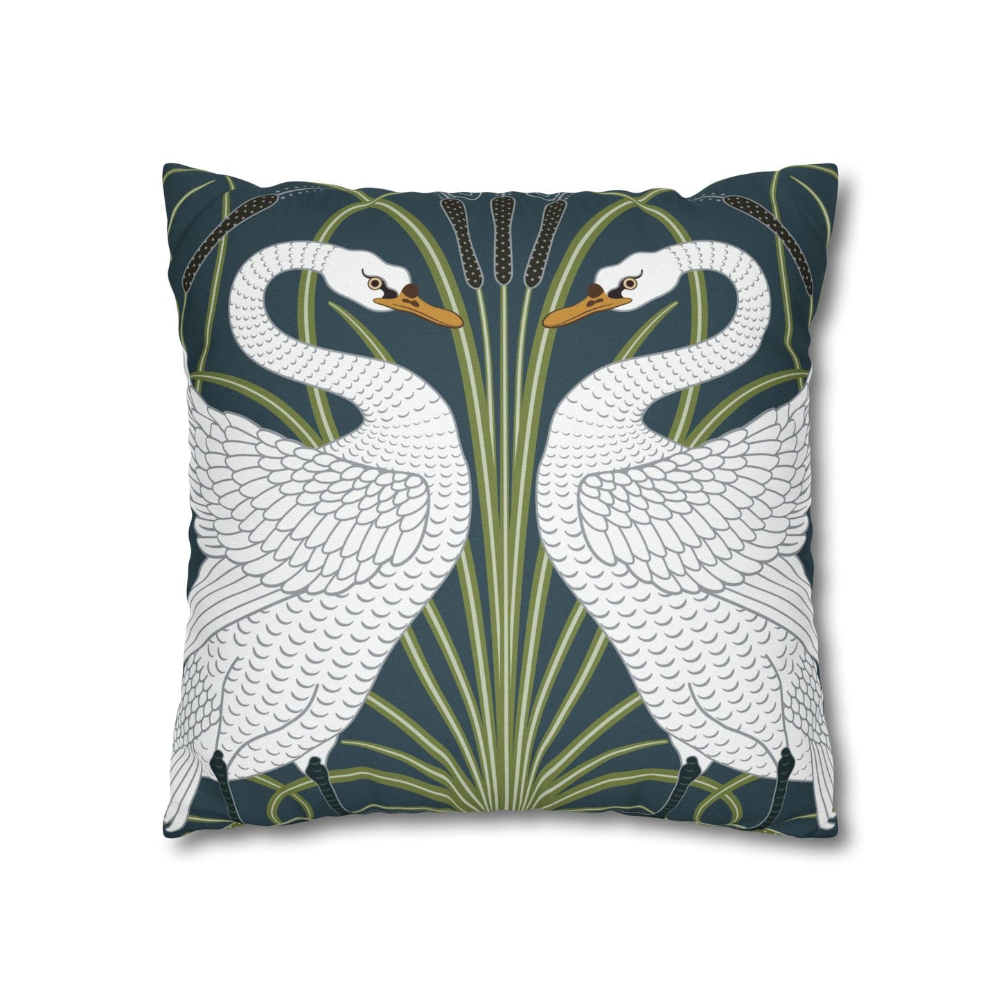 Decorative pillow with swan design on a white background