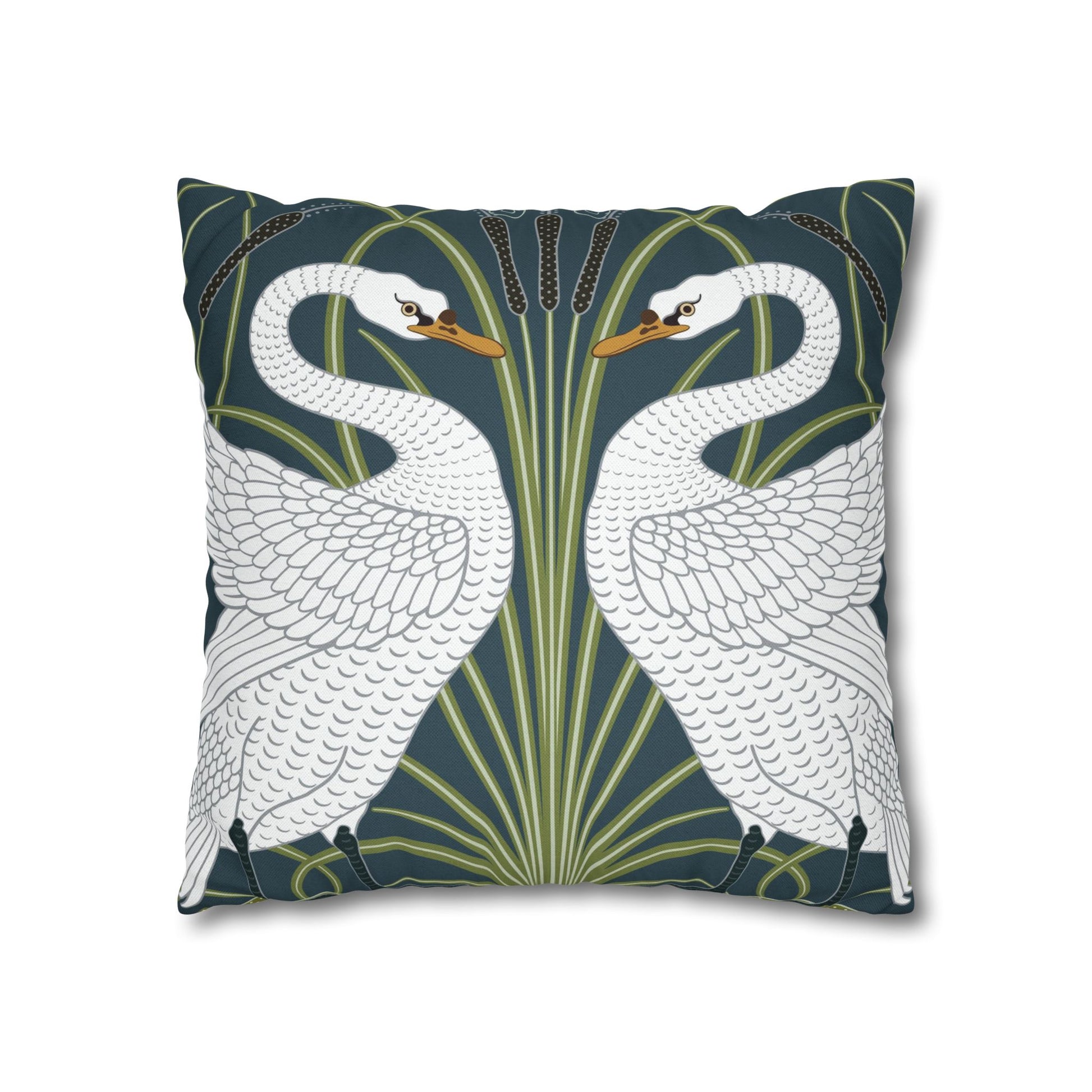 Decorative pillow with swan design on a white background