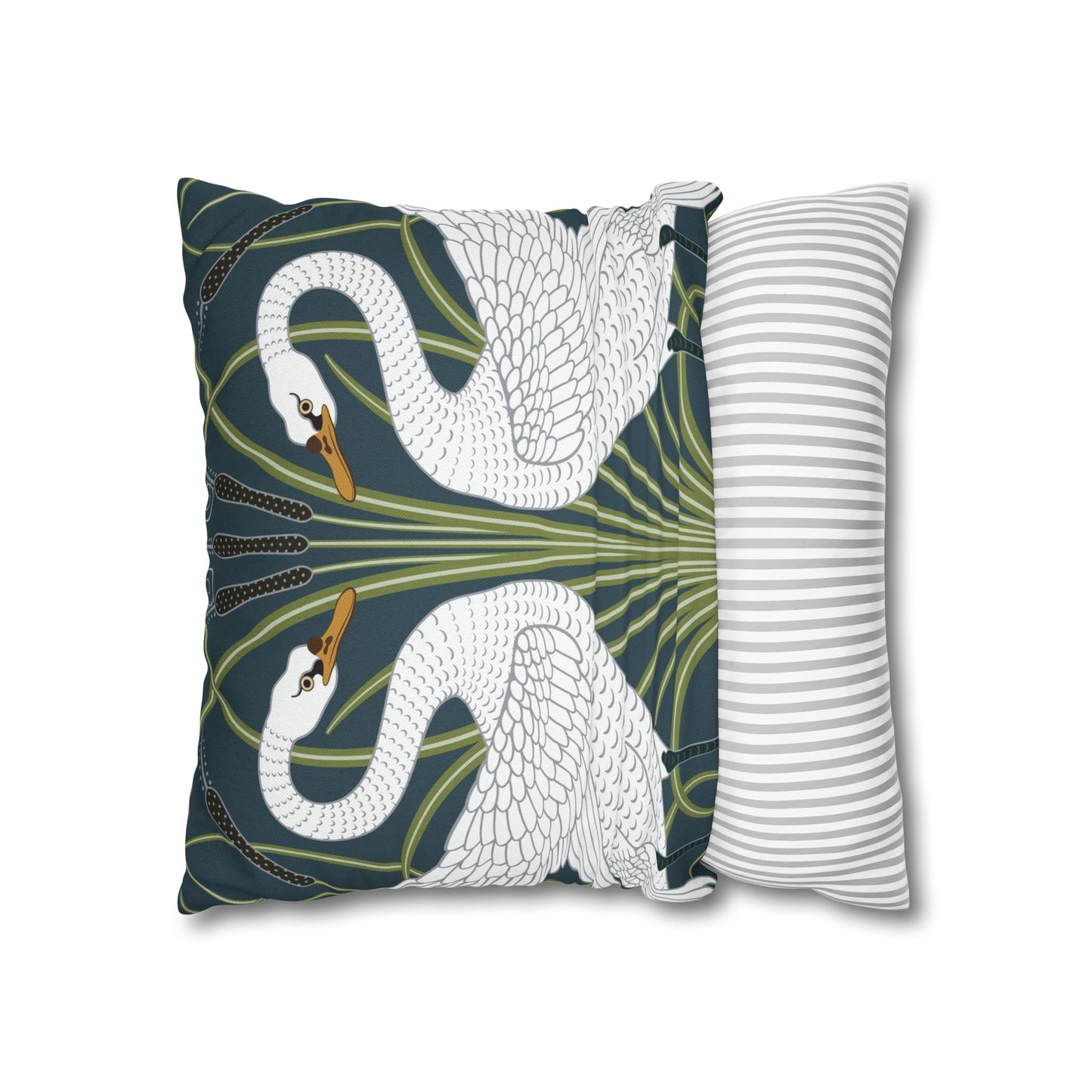 Decorative pillow with swan design on a white background