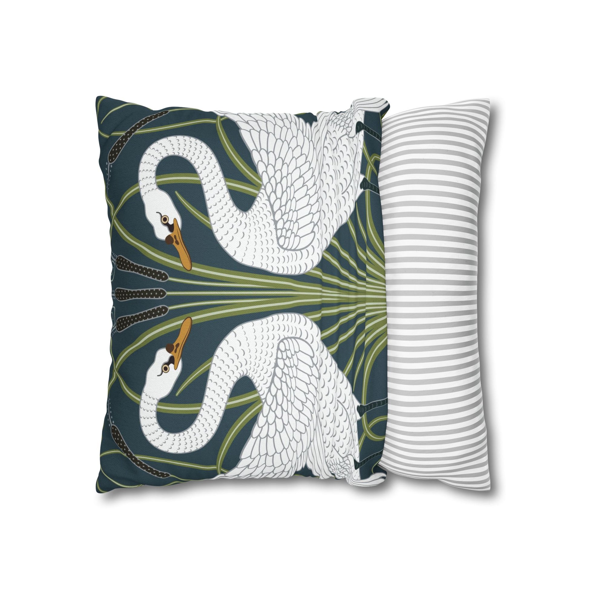Decorative pillow with swan design on a white background