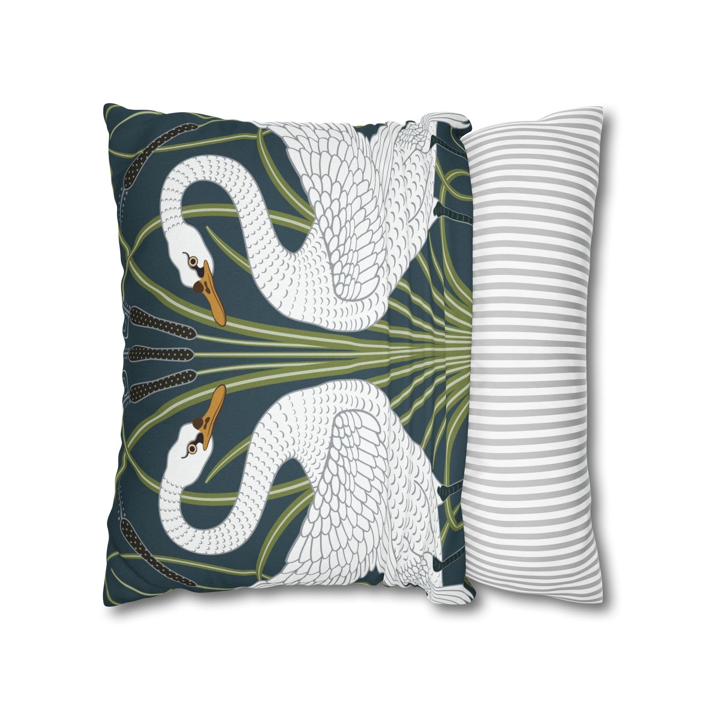 Decorative pillow with swan design on a white background
