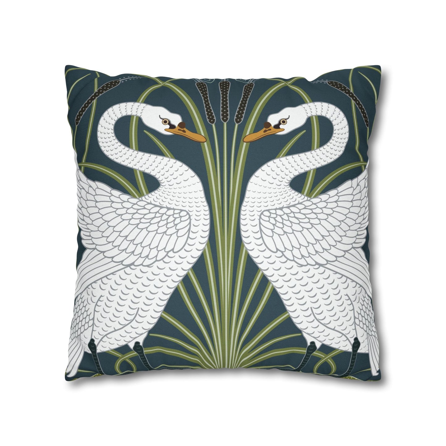Decorative pillow with two swans on a dark blue background