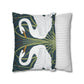 Decorative pillow with swan design and striped pillow on a white background