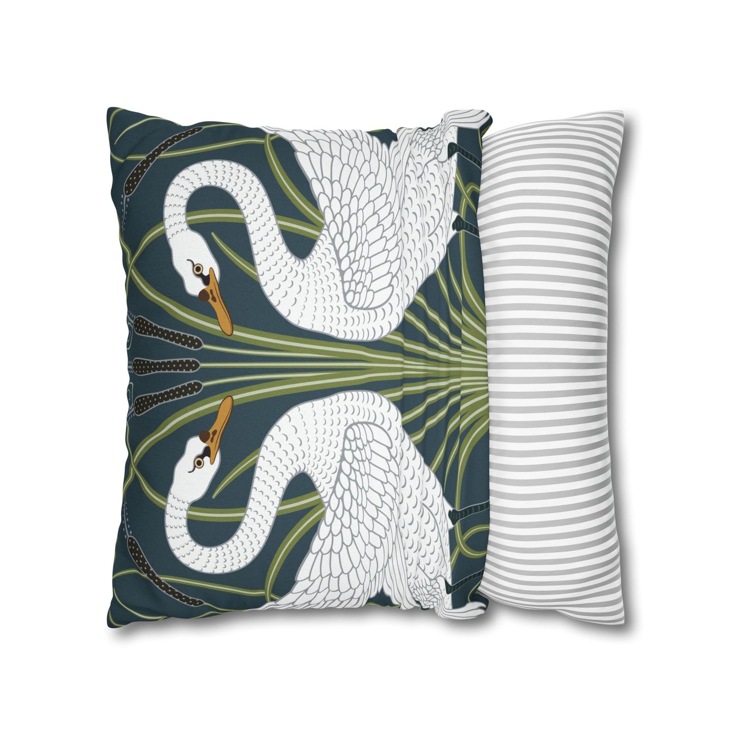 Decorative pillow with swan design and striped pillow on a white background