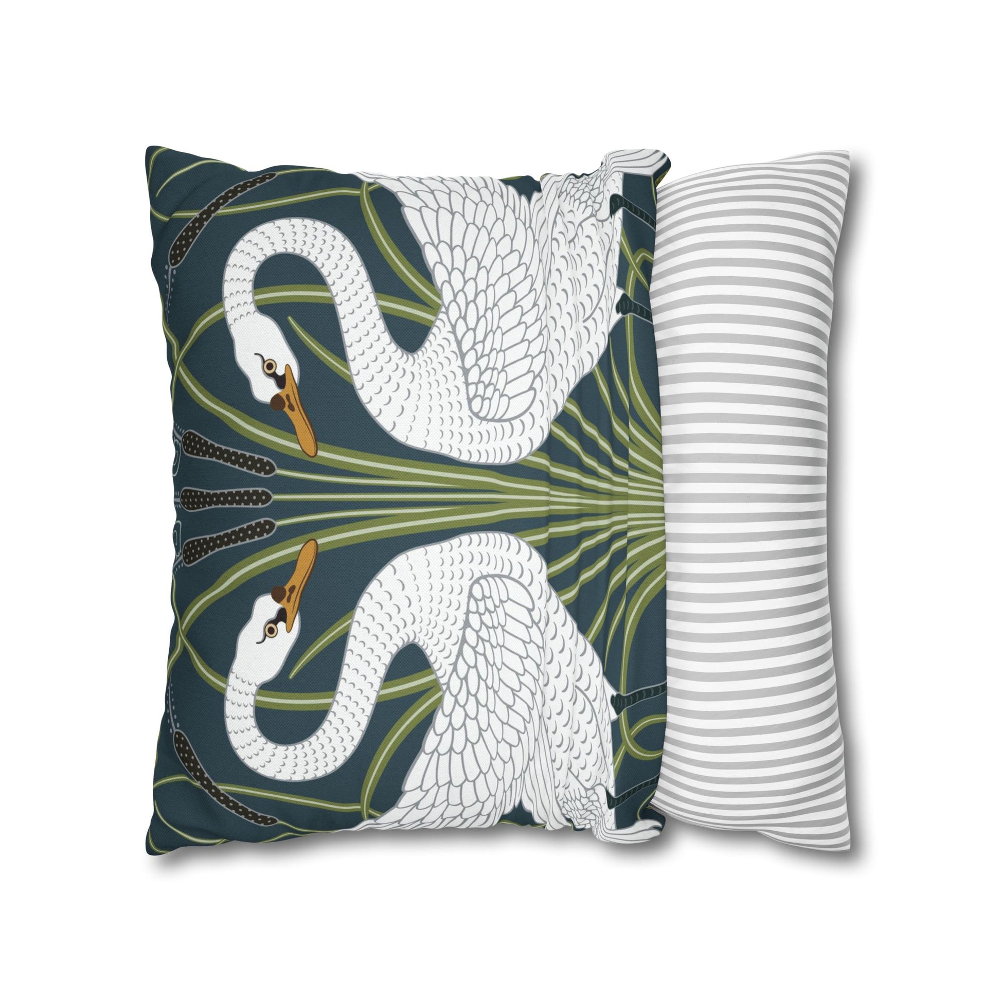 Decorative pillow with swan design and striped pillow on a white background