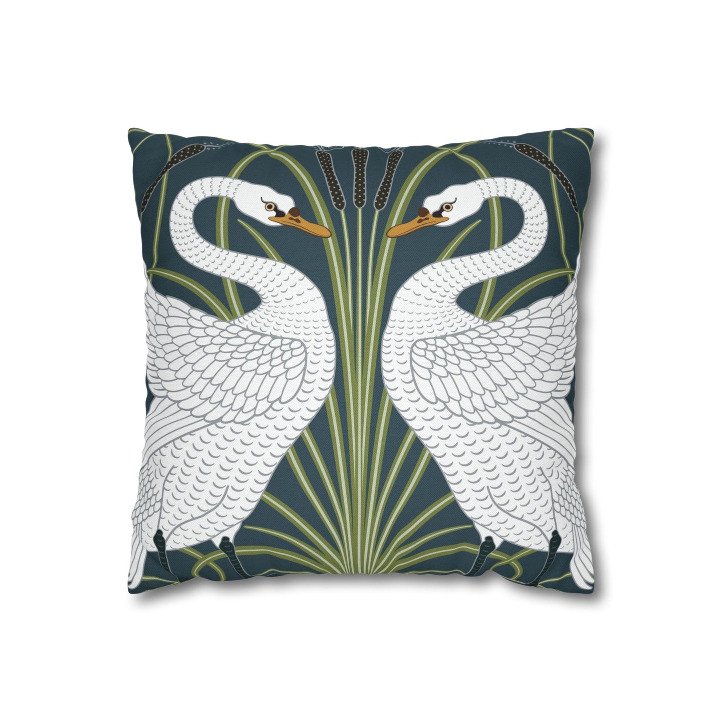 Decorative pillow with swan design on a dark blue background