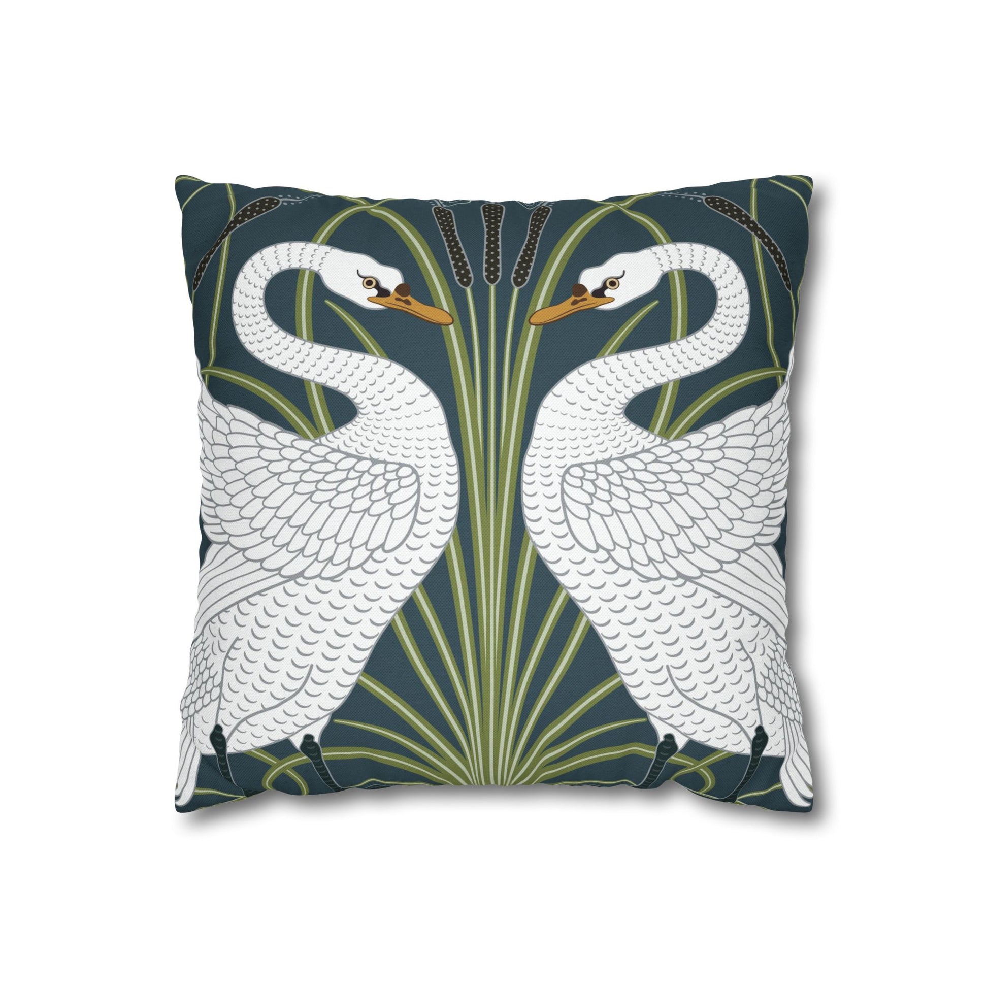 Decorative pillow with swan design on a dark blue background