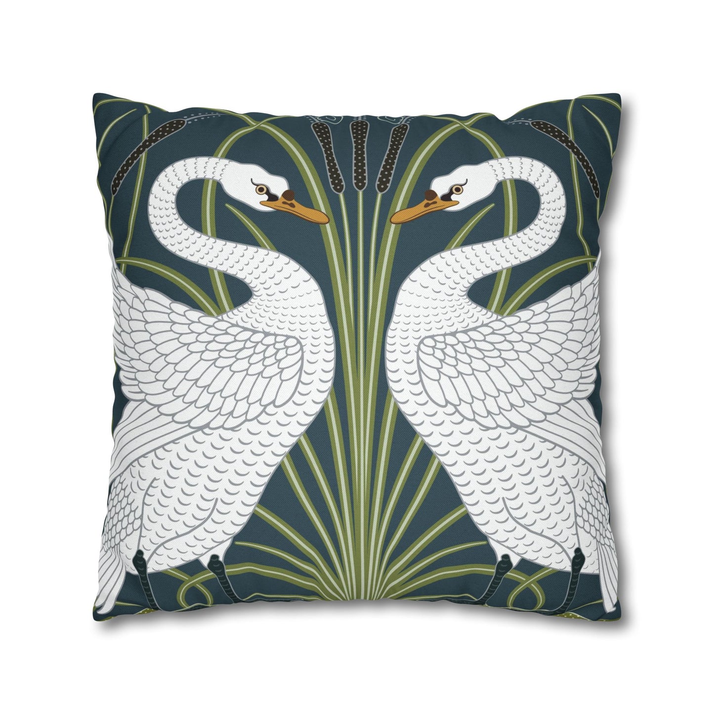Decorative pillow with swan design on a dark blue background