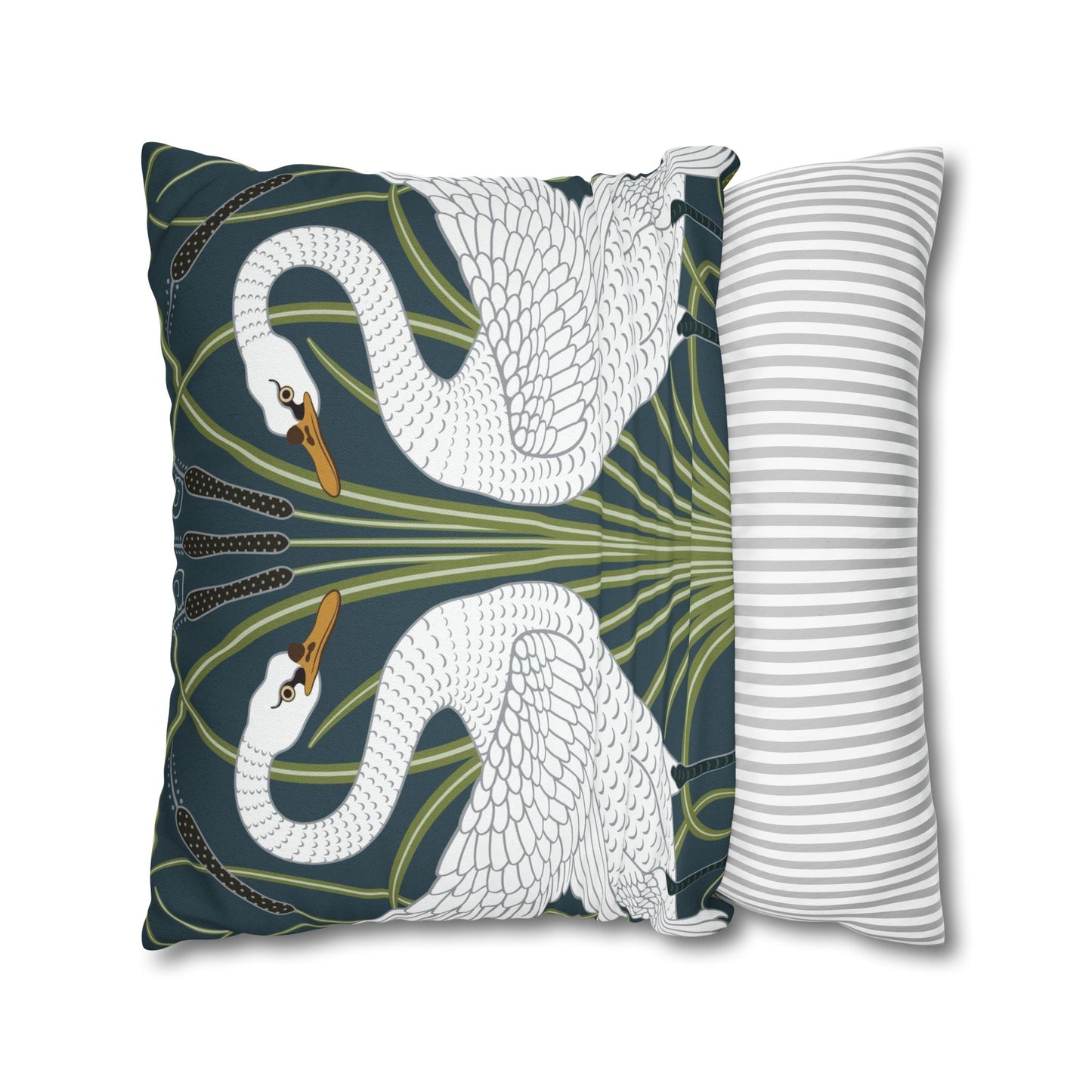 Decorative pillow with swan design and a striped pillow next to it on a white background