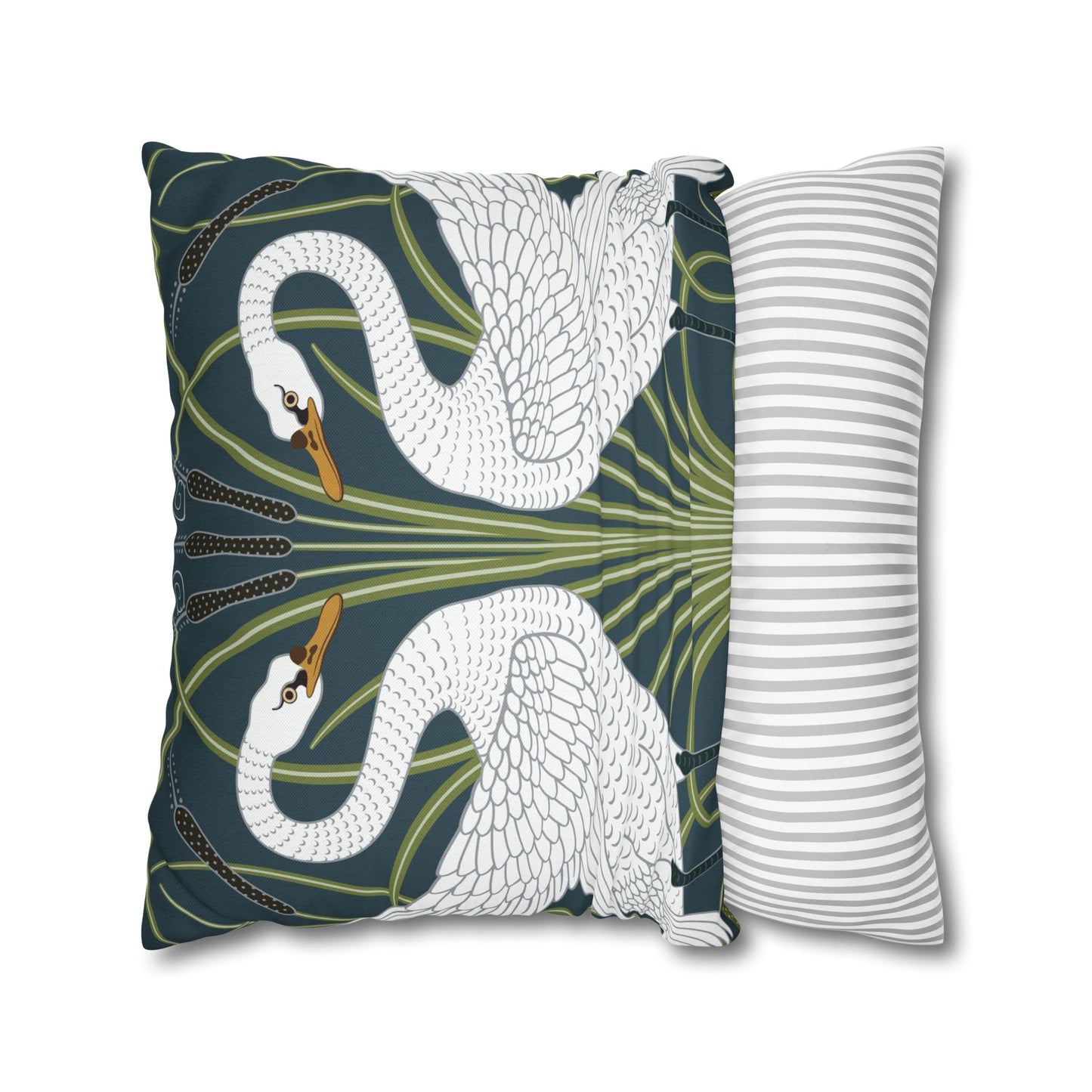 Decorative pillow with swan design and another with striped pattern on a white background