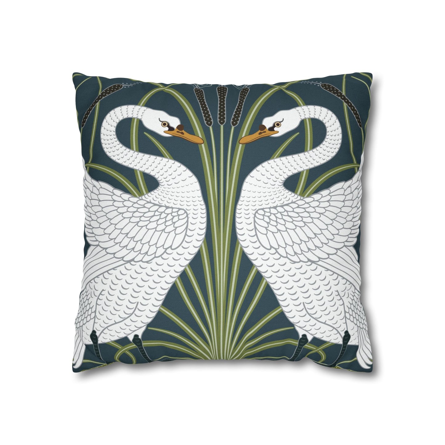 Decorative pillow with swan design on a dark blue background