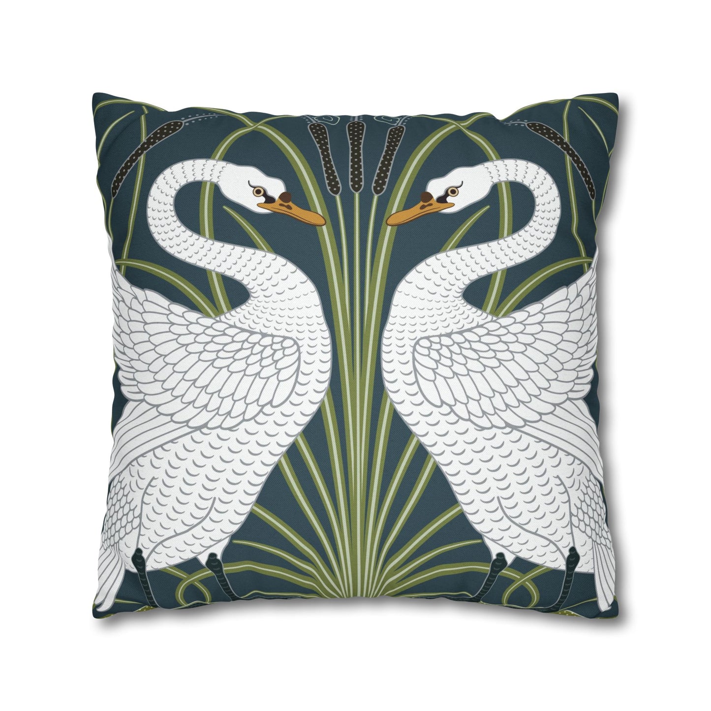 Decorative pillow with swan design on a dark blue background