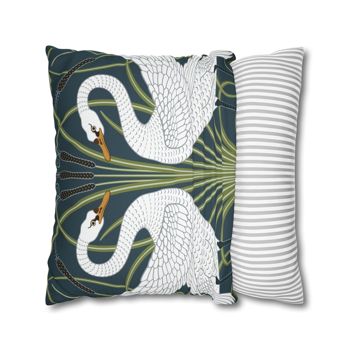 Decorative pillow with swan design and striped pillow on a white background