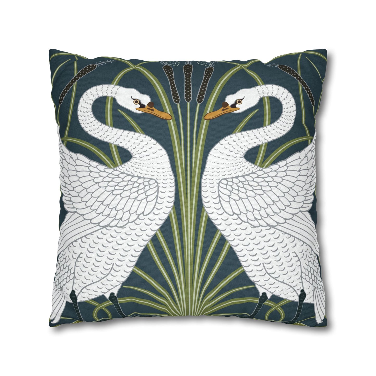 Decorative pillow with swan design on a dark blue background