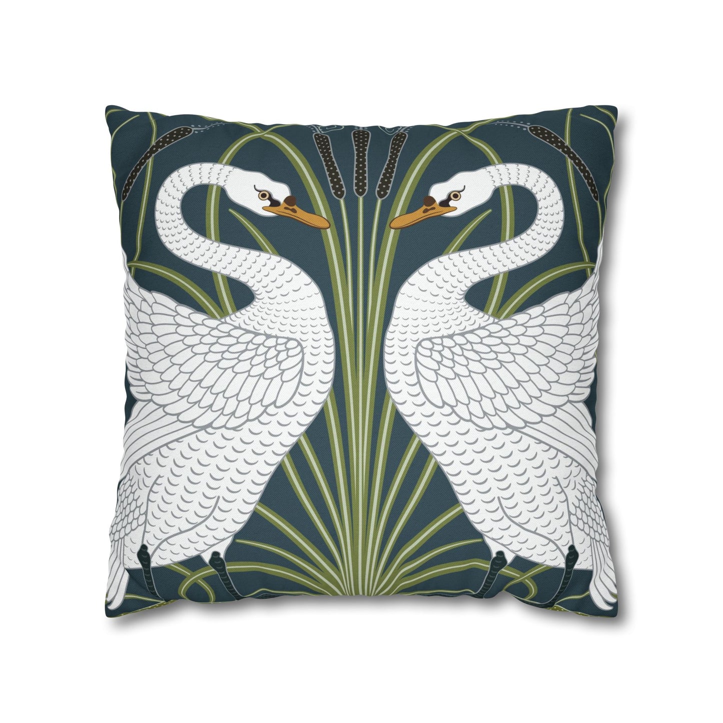 Decorative pillow with swan design on a dark blue background