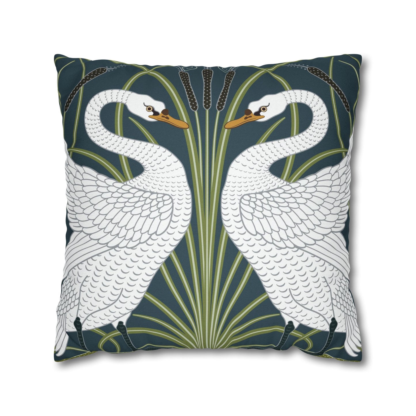 Decorative pillow with swan design on a dark green background