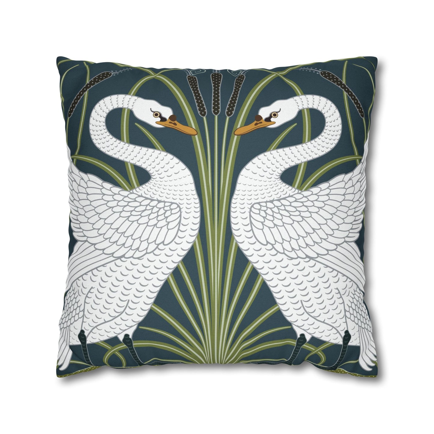 Decorative pillow with swan design on a dark blue background