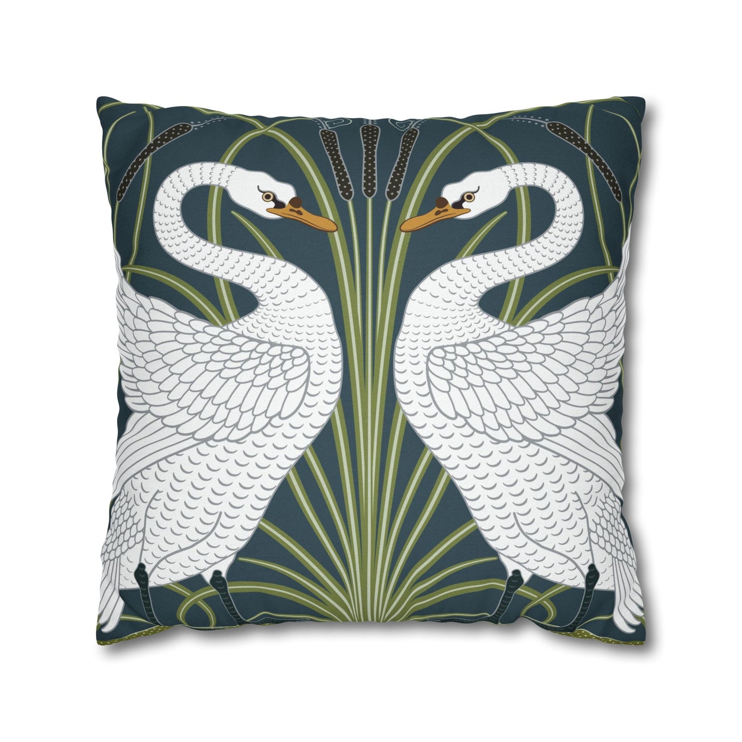 Decorative pillow with swan design on a dark green background