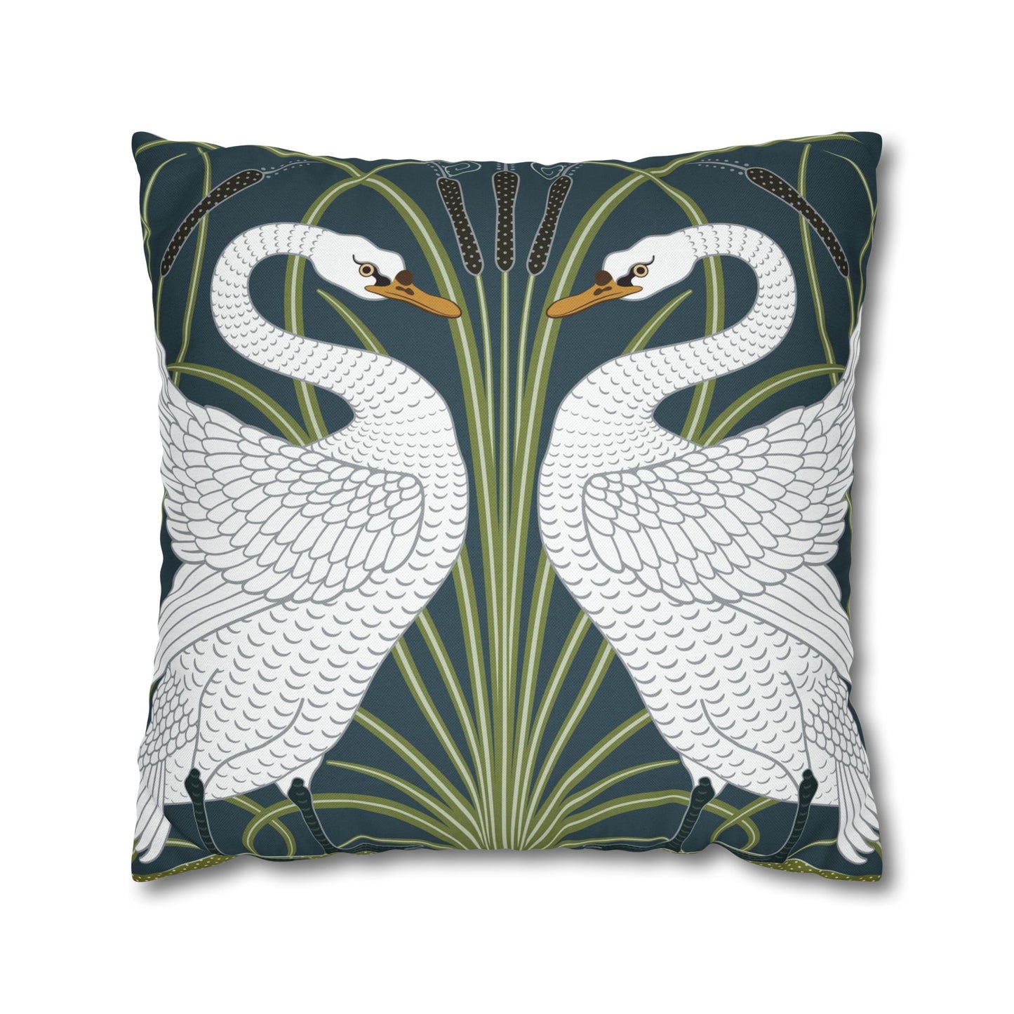 Decorative pillow with swan design on a dark green background
