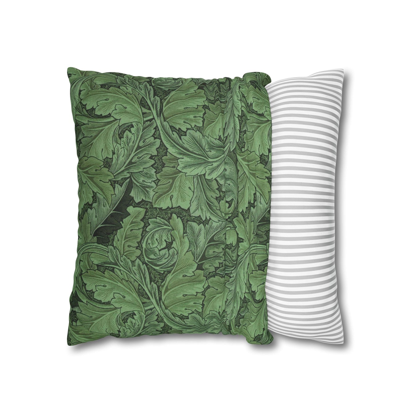 Two decorative pillows, one with green leaf pattern and the other with white and gray stripes, on a white background.