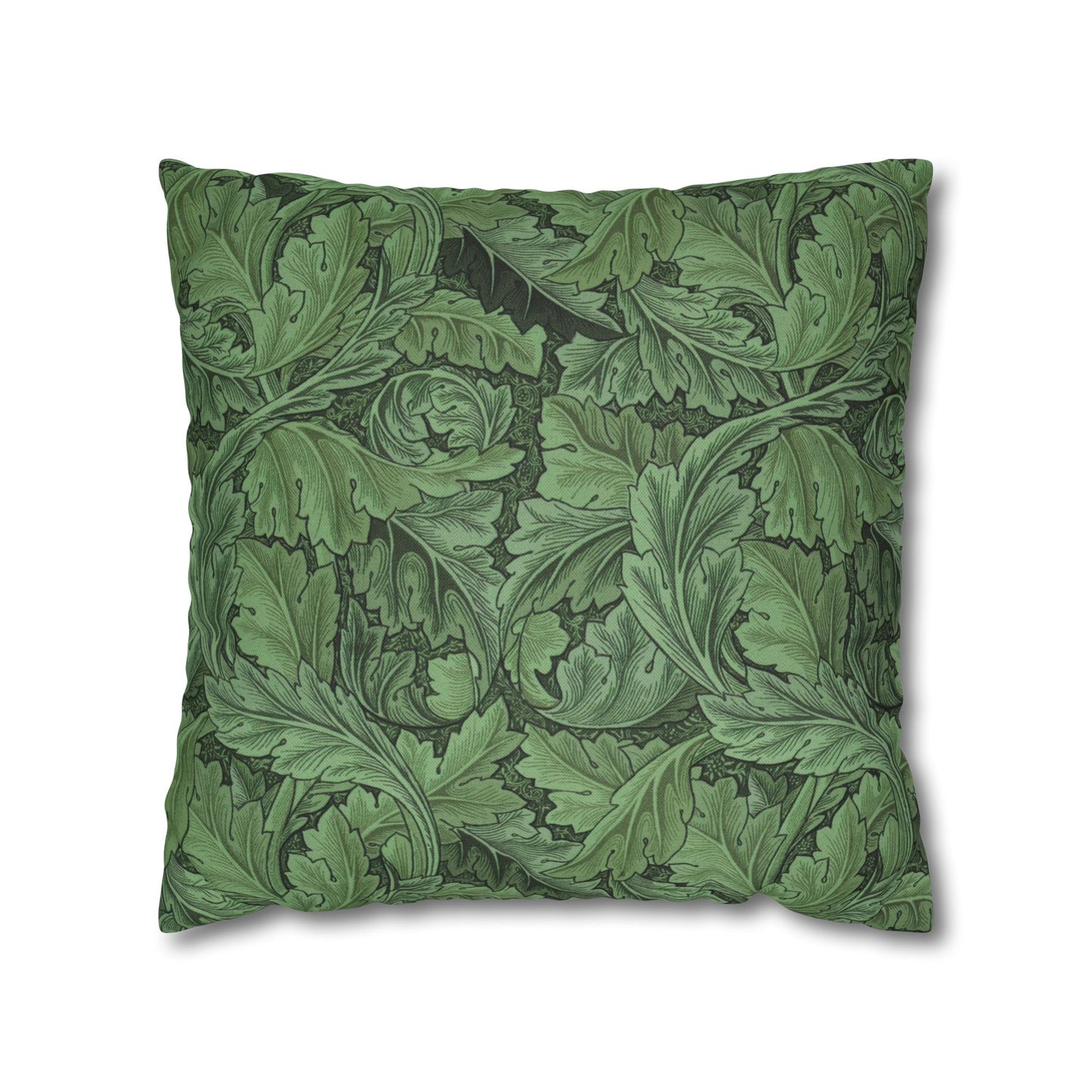 Green decorative pillow with leaf pattern on a white background