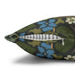 Floral-patterned pillow with feathers on a white background
